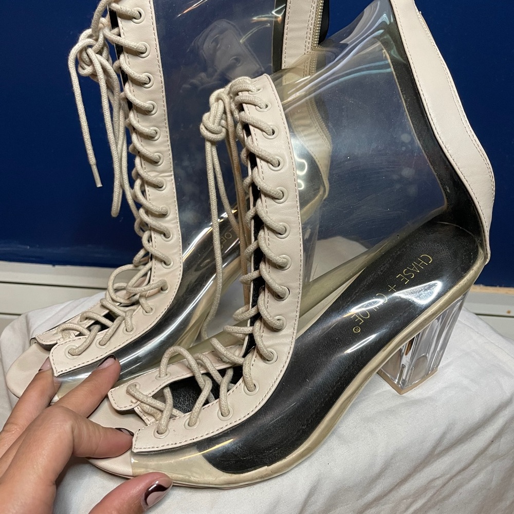 perspex lace up cream heel